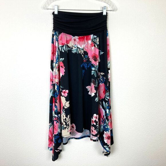 Apt 9 Skirt Midi Skirt Size M Black Pink Floral Stretchy Shark Bite Hem - Picture 1 of 6